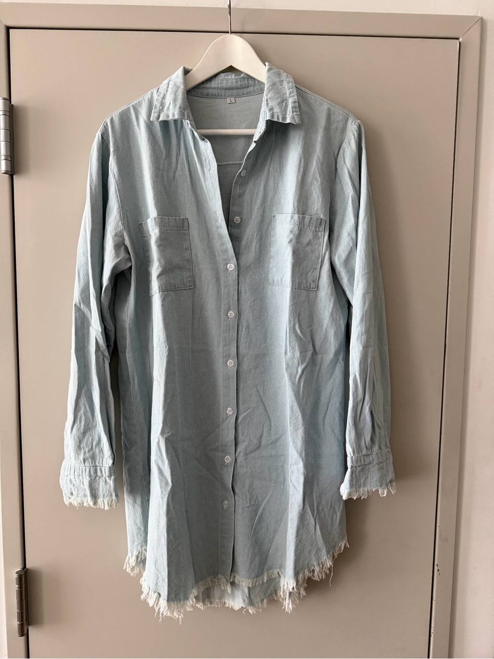 Light Blue Frayed Hem Button-Up Shirt Dress
